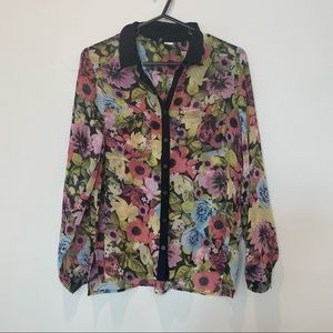 Floral Sheer Black Collar Button Blouse Top in US 4